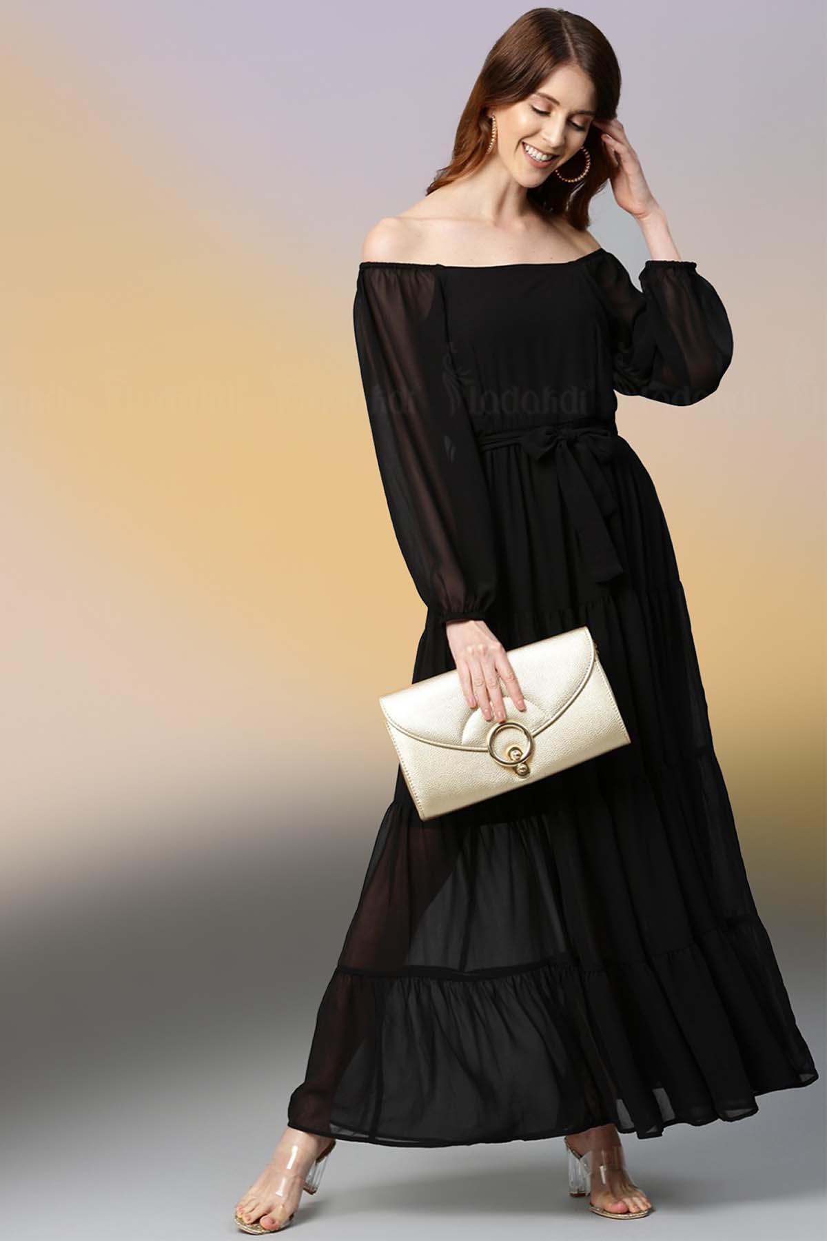 Black & Gold Off Shoulder Embellished Dress – Trendy Divva