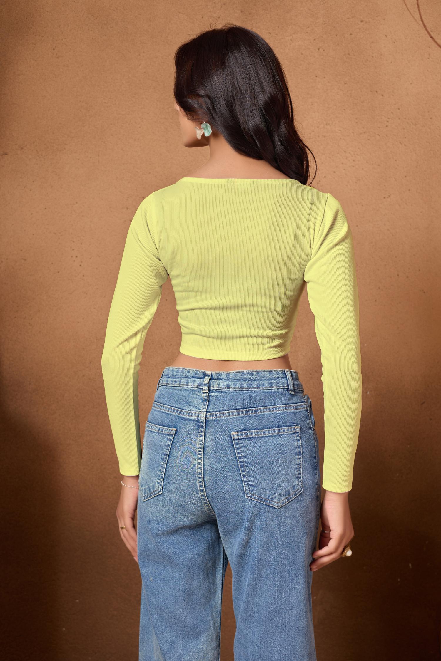 Women's Trendy Yellow Full Sleeve Crop Top LYT2 - Image 2