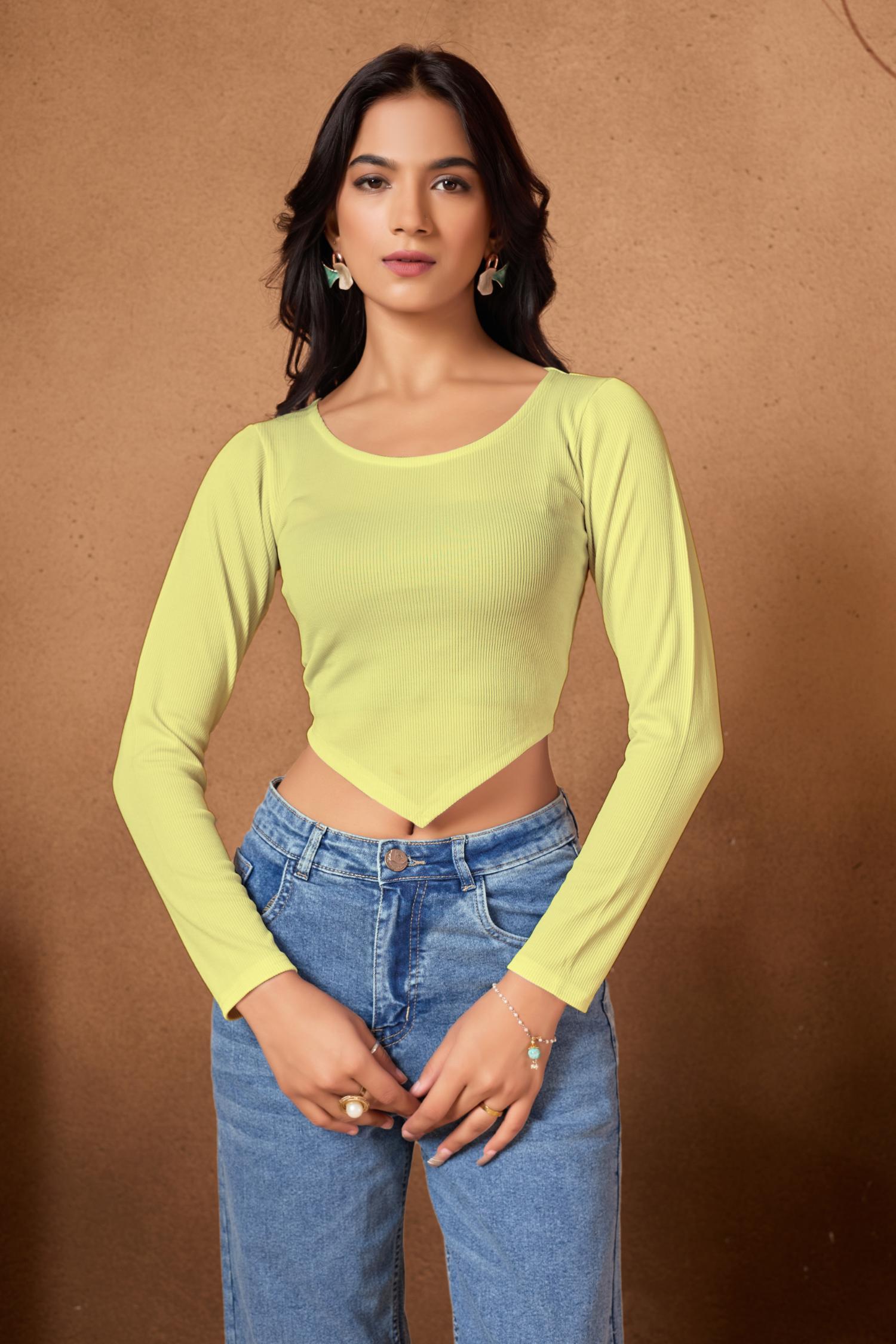 Women's Trendy Yellow Full Sleeve Crop Top LYT2