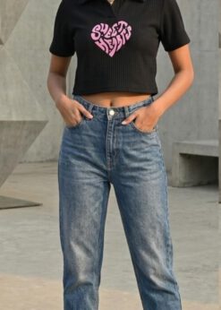 Sweet Hearts Ribbed Polo Crop Top in black, featuring a pink graphic print and a classic polo collar