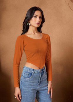 Alternative view of Women Stylish Full Sleeve Ribbed Crop Top in Orange LYT2