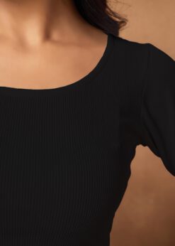 Women's White Ribbed V-Hem Crop Top with full sleeves and a flattering pointed hemline