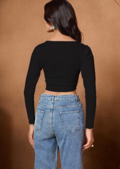 Women's White Ribbed V-Hem Crop Top with full sleeves and a flattering pointed hemline