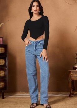 Women's White Ribbed V-Hem Crop Top with full sleeves and a flattering pointed hemline