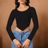 Women's White Ribbed V-Hem Crop Top with full sleeves and a flattering pointed hemline