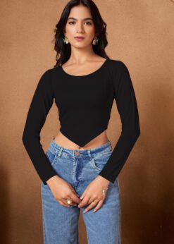Women's White Ribbed V-Hem Crop Top with full sleeves and a flattering pointed hemline