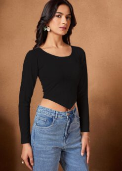 Women's White Ribbed V-Hem Crop Top with full sleeves and a flattering pointed hemline
