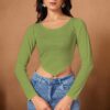 Green full-sleeve ribbed knit top with a sharp V-cut hemline.