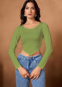 Green full-sleeve ribbed knit top with a sharp V-cut hemline.