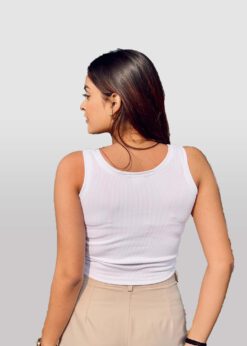 Minimalist style inspiration featuring a classic white ribbed scoop neck tank top