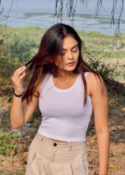 Minimalist style inspiration featuring a classic white ribbed scoop neck tank top