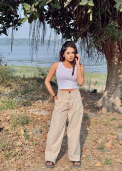 Minimalist style inspiration featuring a classic white ribbed scoop neck tank top