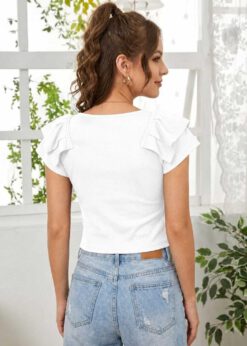 White ribbed ruched top with flutter sleeves and sweetheart neck