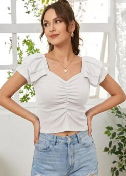 White ribbed ruched top with flutter sleeves and sweetheart neck