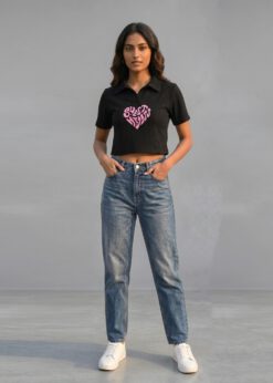 Sweet Hearts Ribbed Polo Crop Top in black, featuring a pink graphic print and a classic polo collar