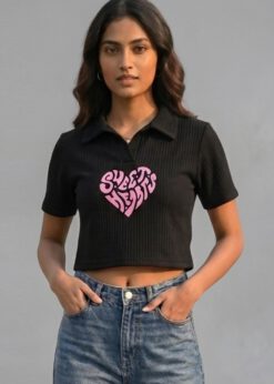 Sweet Hearts Ribbed Polo Crop Top in black, featuring a pink graphic print and a classic polo collar