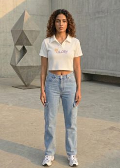 Stylish white waffle-knit polo crop top for women with a 'GLORY' crown graphic print