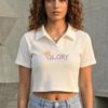 Stylish white waffle-knit polo crop top for women with a 'GLORY' crown graphic print