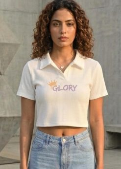 Stylish white waffle-knit polo crop top for women with a 'GLORY' crown graphic print